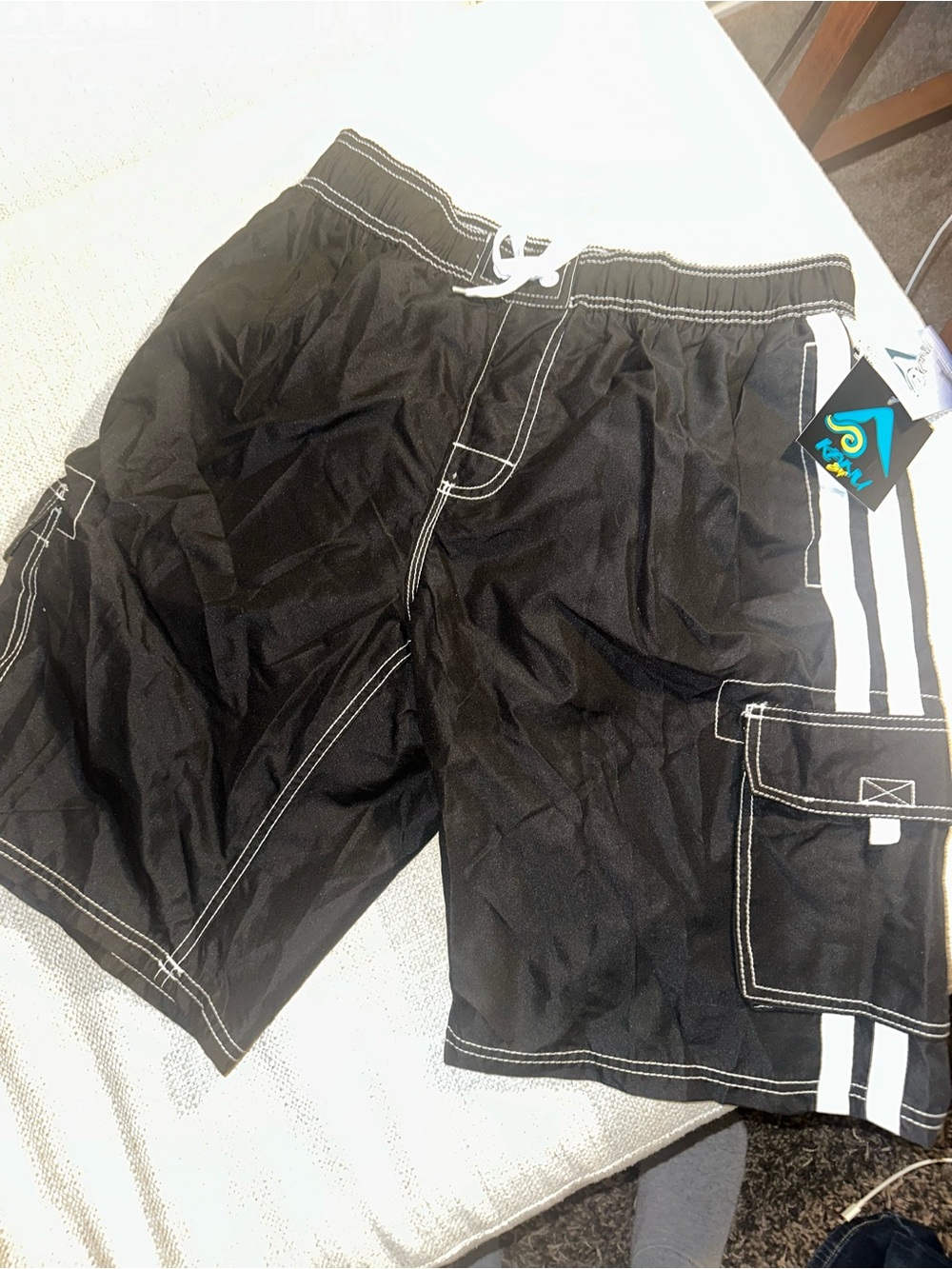Men's Kanu Black Swim Trunks with White Stripes